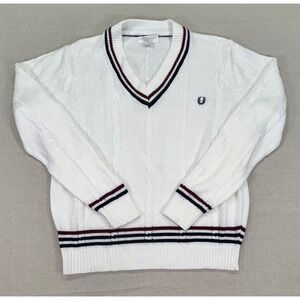 FRED PERRY Men's Large Tennis V-Neck Sweater Cable Knit Sports Wear Collegiate